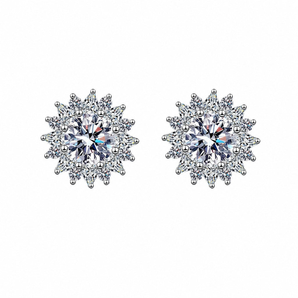 Floral Halo Moissanite Stud Earrings with CZ in Rhodium-Plated S925 sterling silver white background product photo showing the pair, stone shape, and stud earrings silhouette