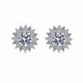 Floral Halo Moissanite Stud Earrings with CZ in Rhodium-Plated S925 sterling silver white background product photo showing the pair, stone shape, and stud earrings silhouette