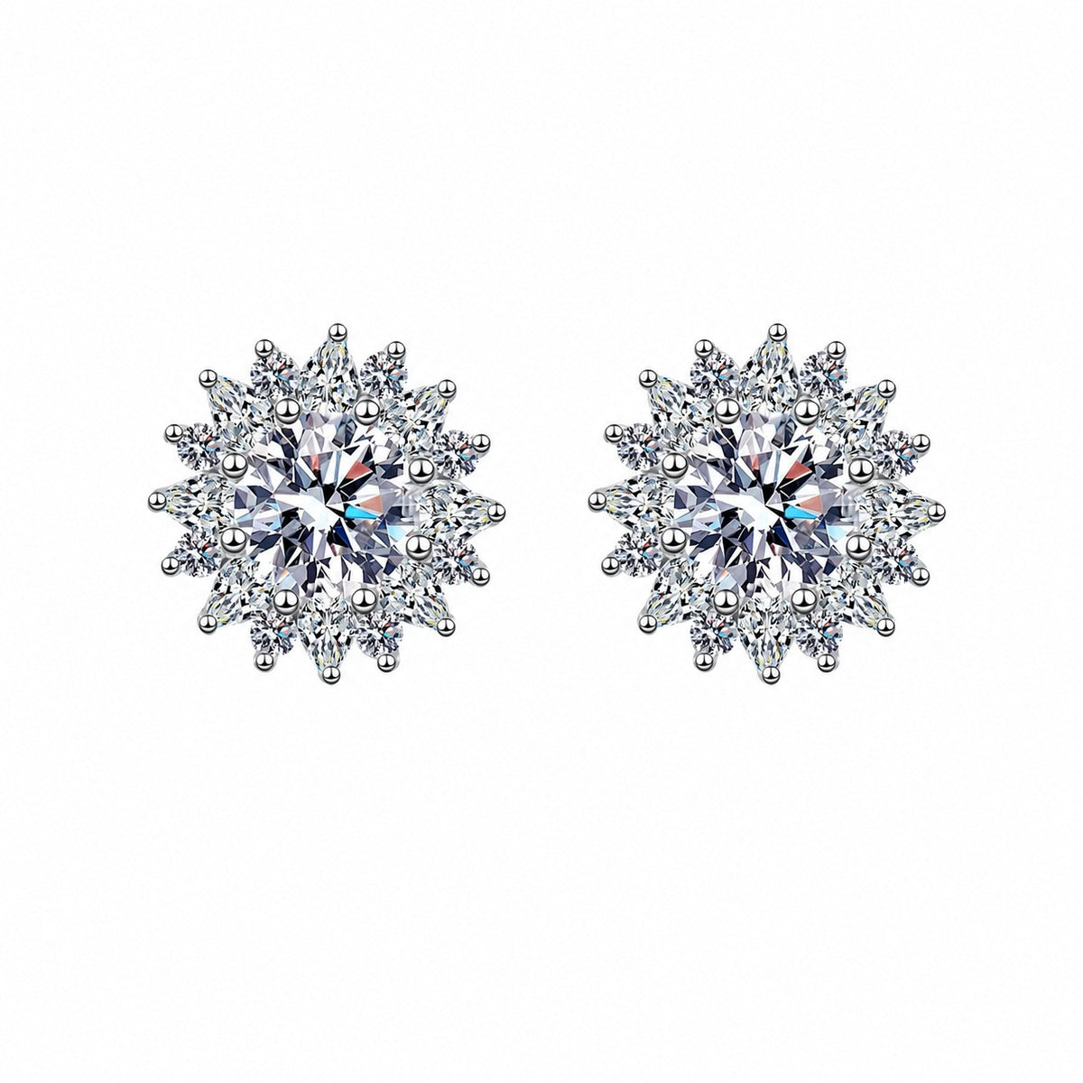 Floral Halo Moissanite Stud Earrings with CZ in Rhodium-Plated S925 sterling silver white background product photo showing the pair, stone shape, and stud earrings silhouette