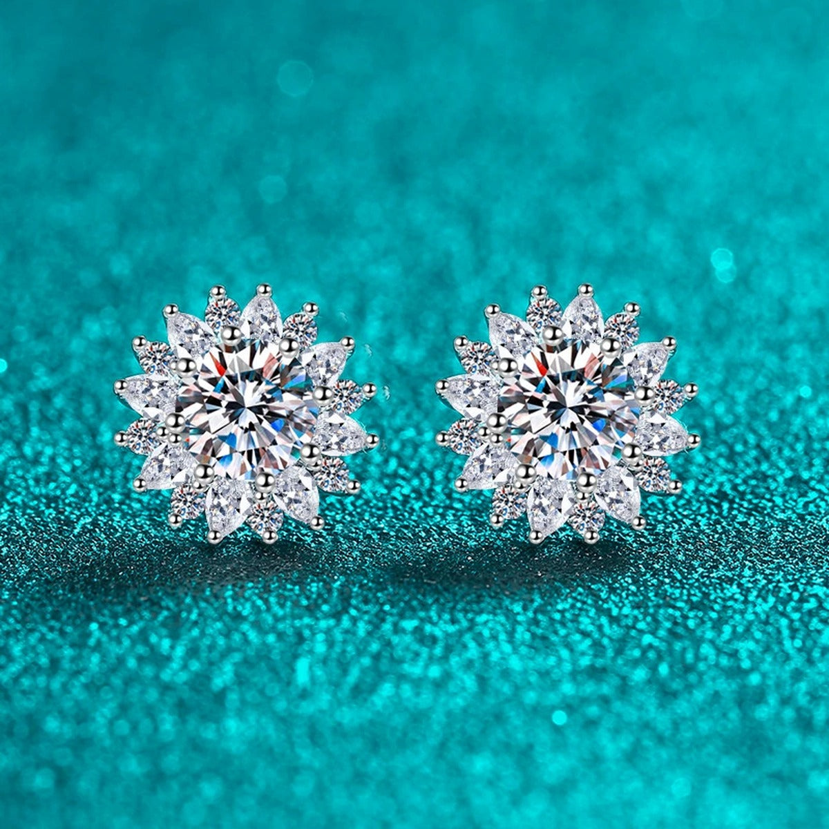 Floral Halo Moissanite Stud Earrings with CZ in Rhodium-Plated S925 sterling silver product scene view showing front sparkle