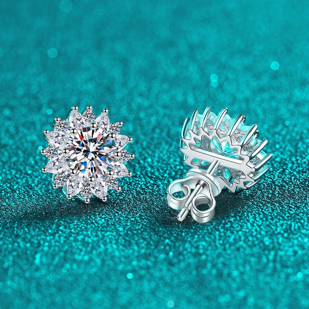 Floral Halo Moissanite Stud Earrings with CZ in Rhodium-Plated S925 sterling silver product scene view showing angled setting detail