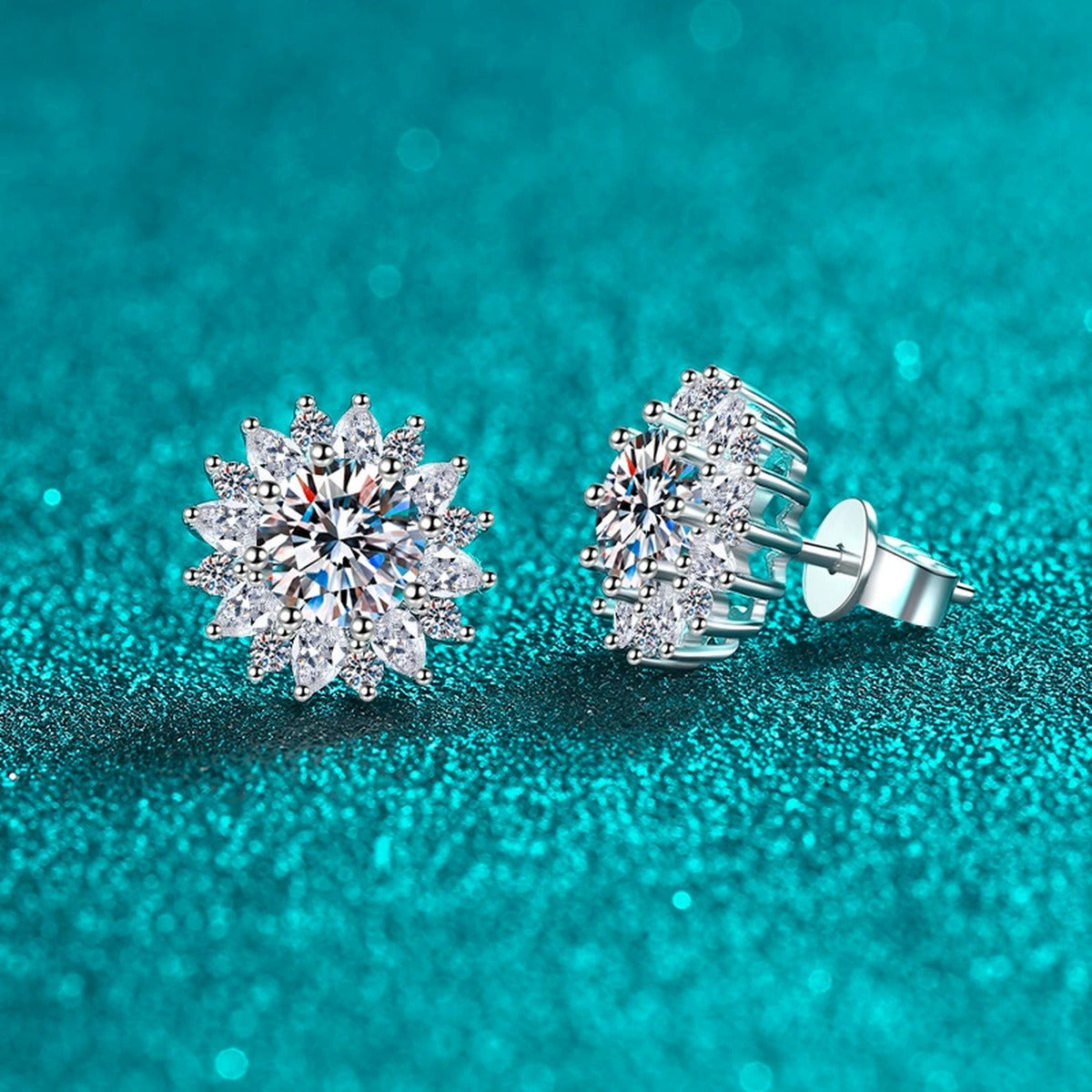 Floral Halo Moissanite Stud Earrings with CZ in Rhodium-Plated S925 sterling silver product scene view showing side profile