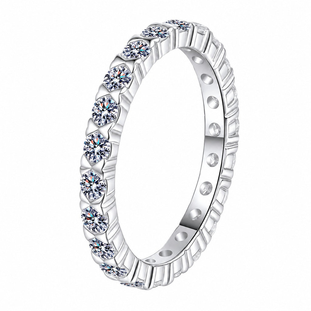 Round Moissanite Band Ring in rhodium-plated S925 sterling silver on clean white background