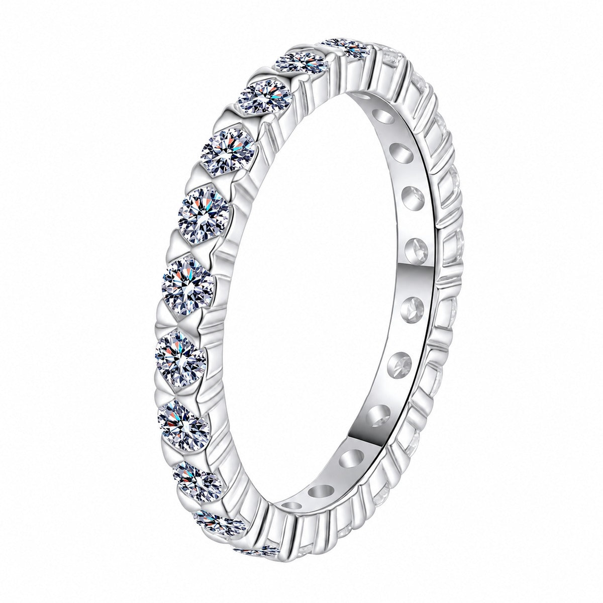 Round Moissanite Band Ring in rhodium-plated S925 sterling silver on clean white background