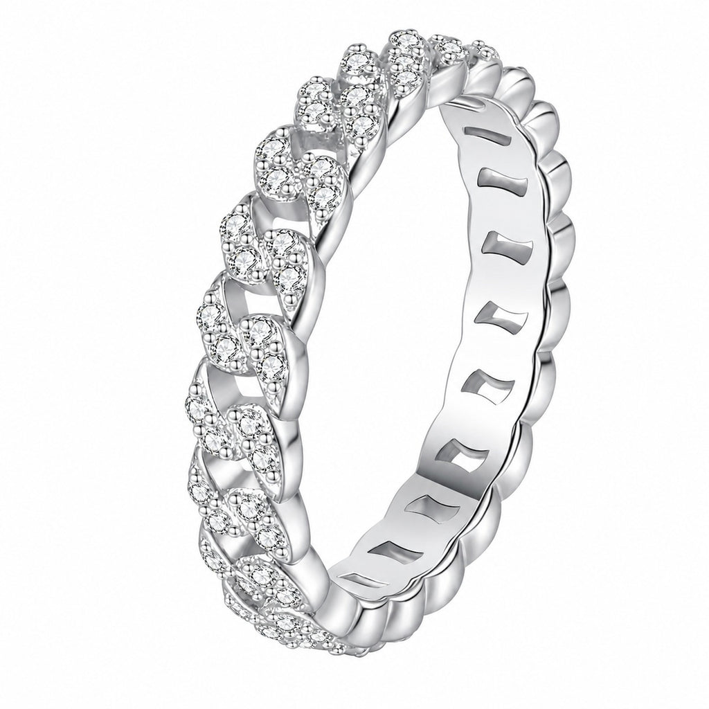 Round Moissanite Stackable Ring in rhodium-plated S925 sterling silver on clean white background