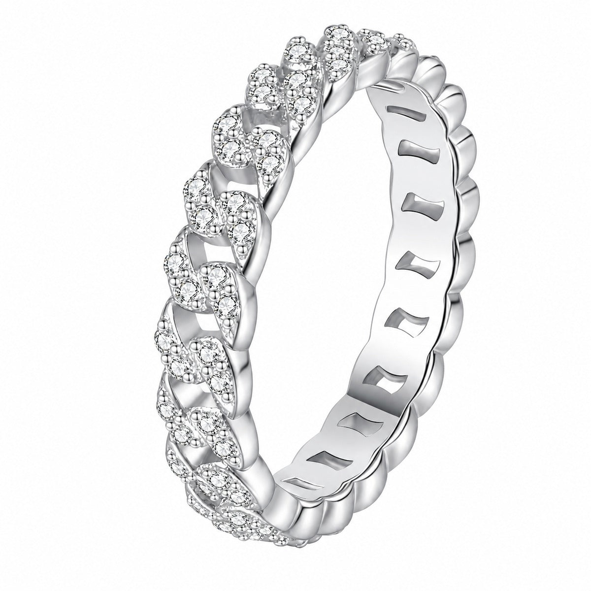 Round Moissanite Stackable Ring in rhodium-plated S925 sterling silver on clean white background