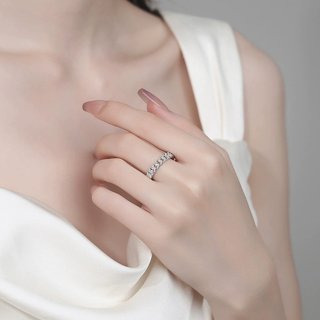 Round Moissanite Stackable Ring product view showing moissanite setting and metal finish