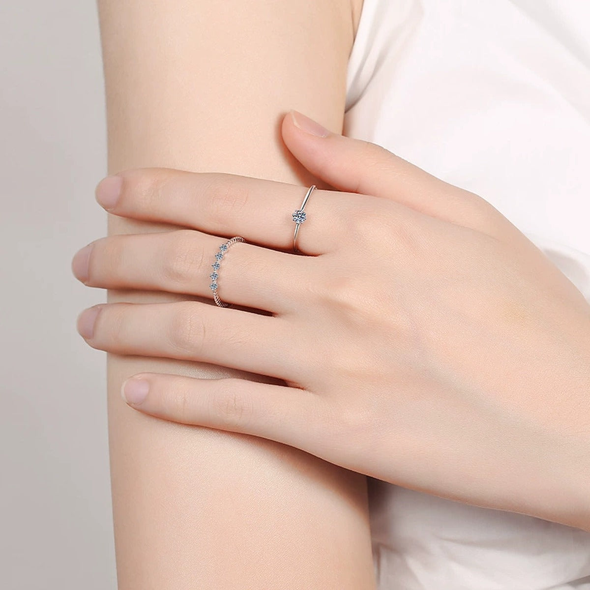 Stacked Moissanite Ring Set with CZ in Rhodium-Plated S925 Sterling Silver worn on hand, showing scale, finger coverage, and rhodium-plated finish
