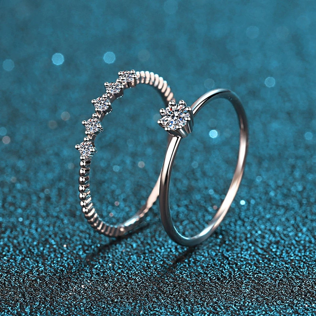 Stacked Moissanite Ring Set with CZ in Rhodium-Plated S925 Sterling Silver blue display product photo showing the moissanite setting and band profile