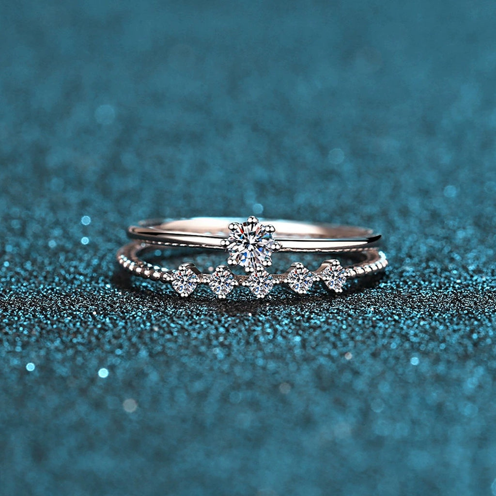 Stacked Moissanite Ring Set with CZ in Rhodium-Plated S925 Sterling Silver blue display product photo showing the moissanite setting and band profile