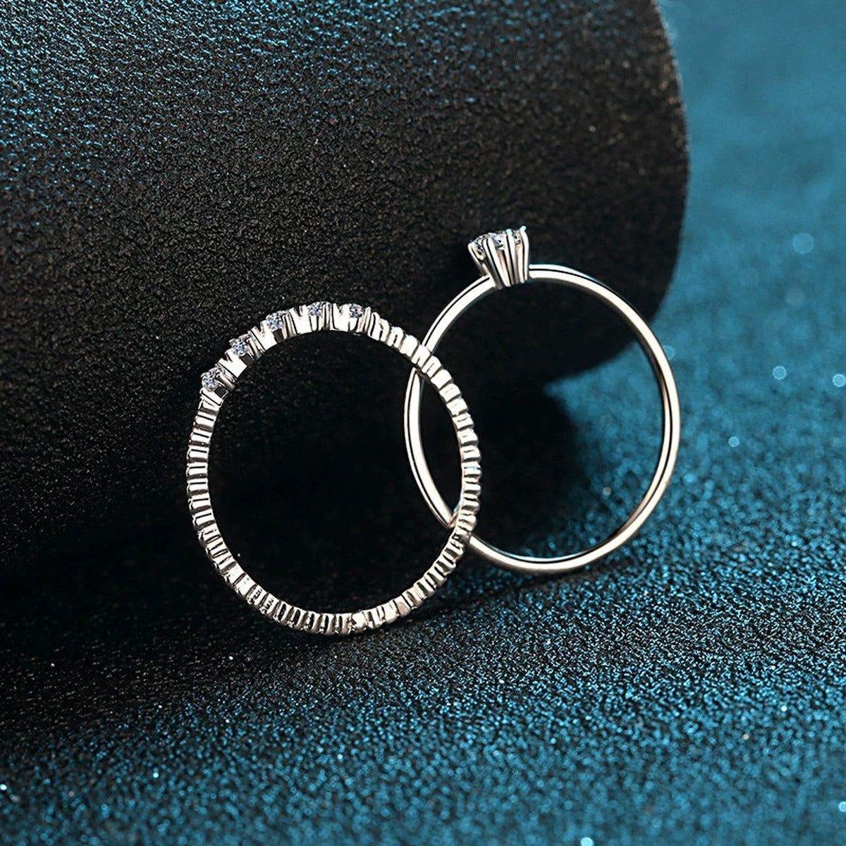 Stacked Moissanite Ring Set with CZ in Rhodium-Plated S925 Sterling Silver blue display product photo showing the moissanite setting and band profile