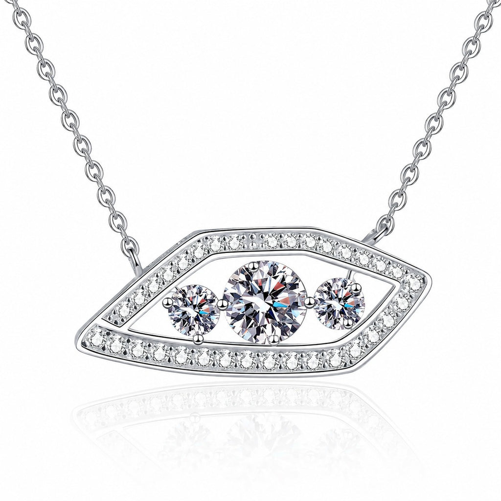 Geometric Eye Moissanite Pendant Necklace with CZ in Rhodium-Plated S925 sterling silver white background product photo showing geometric eye pendant with round moissanite stones and CZ outline