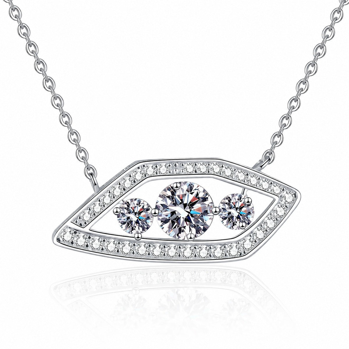 Geometric Eye Moissanite Pendant Necklace with CZ in Rhodium-Plated S925 sterling silver white background product photo showing geometric eye pendant with round moissanite stones and CZ outline