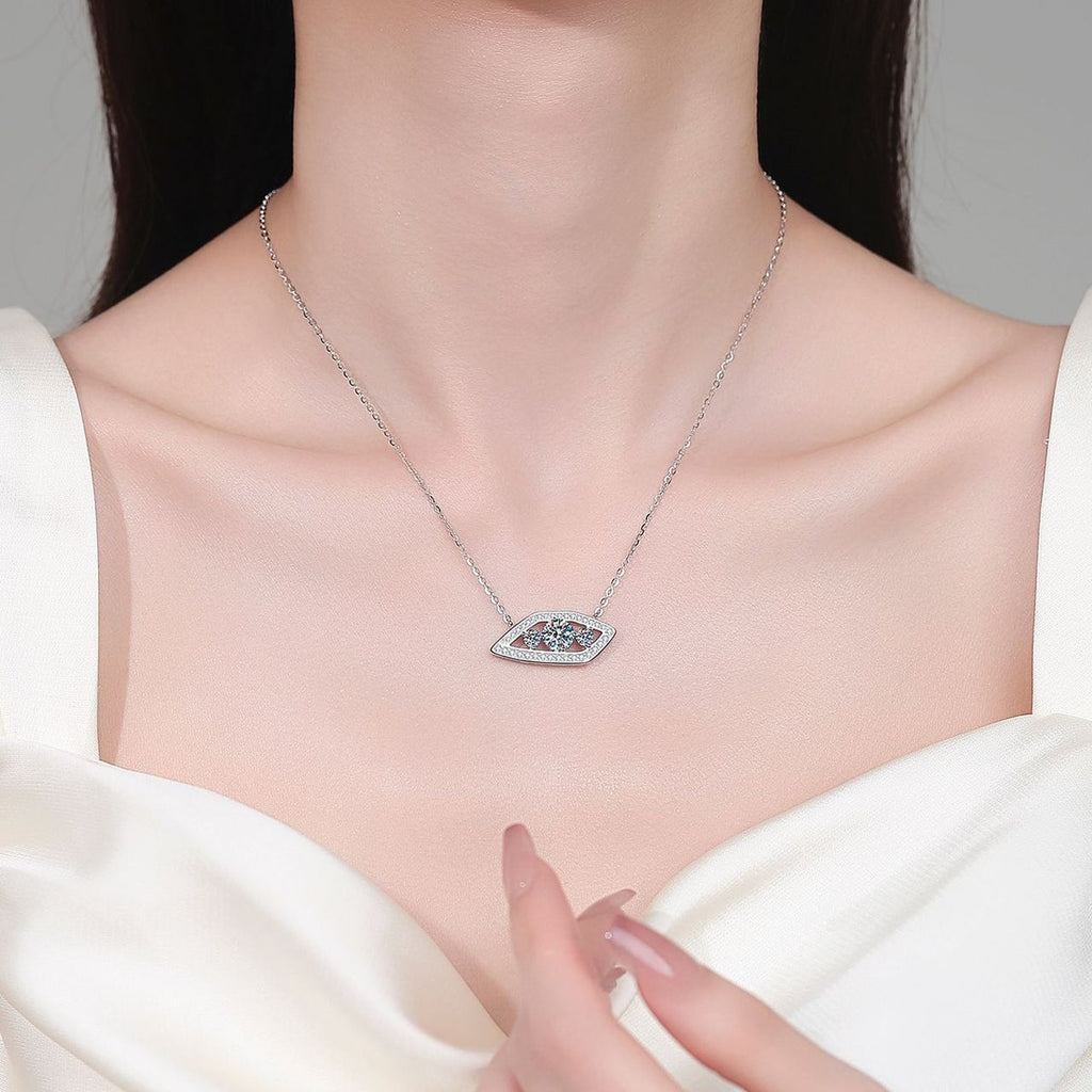 Geometric Eye Moissanite Pendant Necklace with CZ in Rhodium-Plated S925 sterling silver neckline model view showing pendant scale and adjustable chain