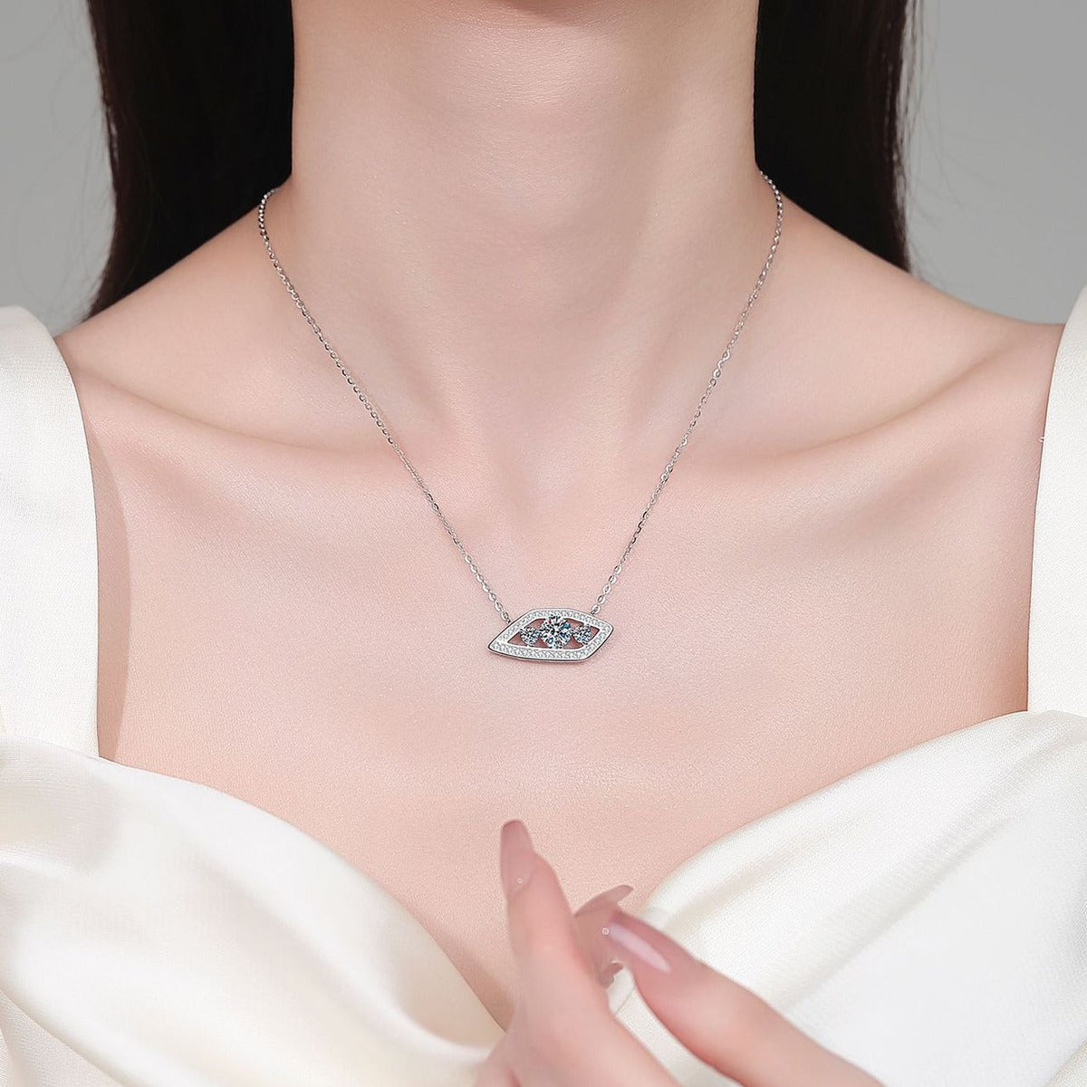 Geometric Eye Moissanite Pendant Necklace with CZ in Rhodium-Plated S925 sterling silver neckline model view showing pendant scale and adjustable chain
