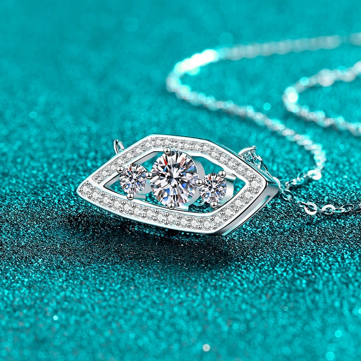 Geometric Eye Moissanite Pendant Necklace with CZ in Rhodium-Plated S925 sterling silver close-up product scene showing pendant setting