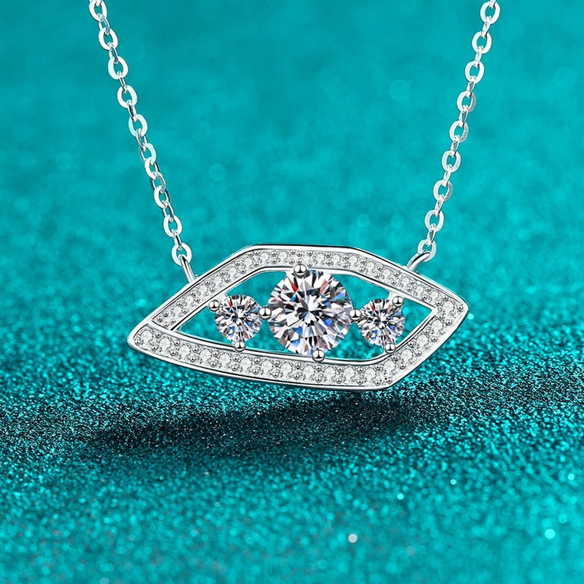 Geometric Eye Moissanite Pendant Necklace with CZ in Rhodium-Plated S925 sterling silver angled product detail view