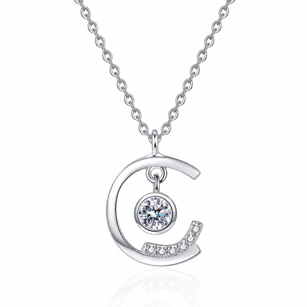 Dancing Moon Moissanite Pendant Necklace in Rhodium-Plated S925 sterling silver white background product photo showing crescent moon pendant with a moving round moissanite center