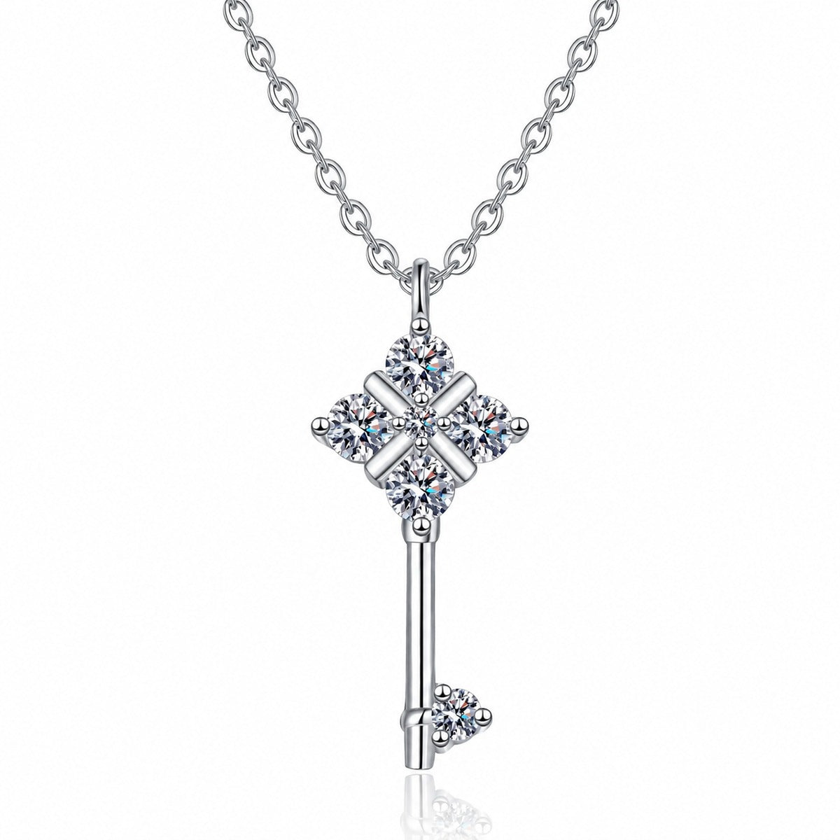 Star Key Moissanite Pendant Necklace in Rhodium-Plated S925 sterling silver white background product photo showing key pendant with star-shaped moissanite detail and round accents