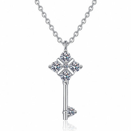 Star Key Moissanite Pendant Necklace in Rhodium-Plated S925 sterling silver white background product photo showing key pendant with star-shaped moissanite detail and round accents