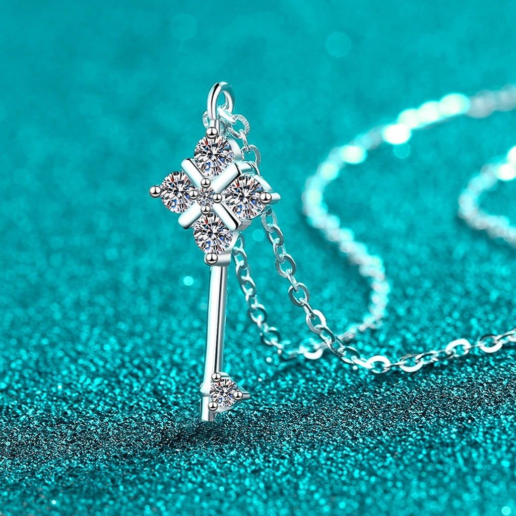 Star Key Moissanite Pendant Necklace in Rhodium-Plated S925 sterling silver close-up product scene showing pendant setting