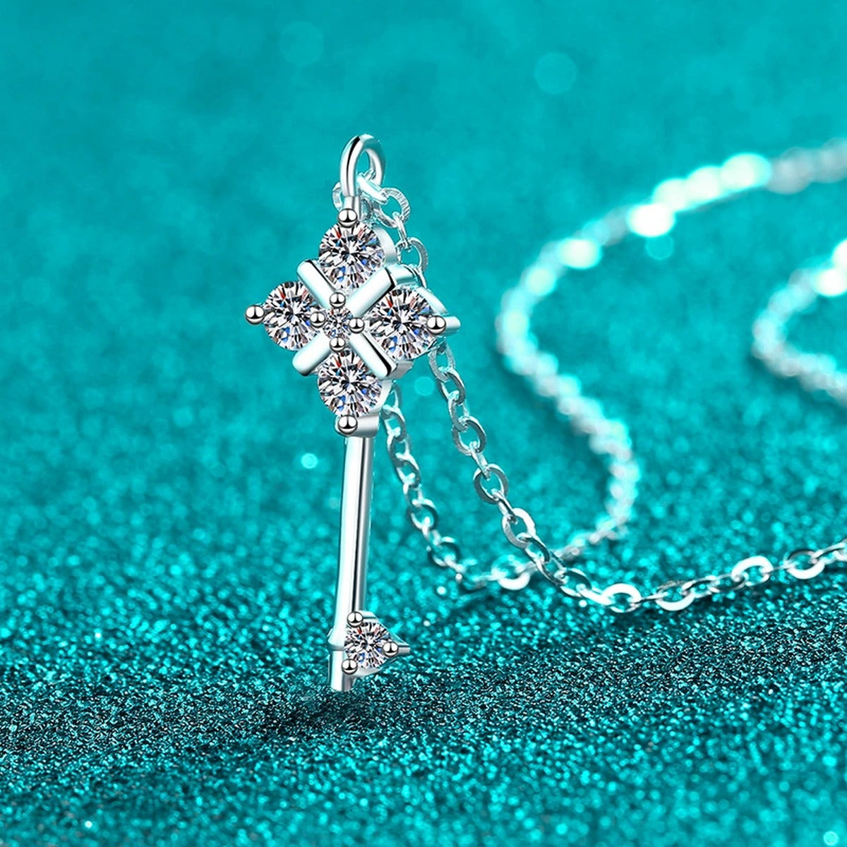 Star Key Moissanite Pendant Necklace in Rhodium-Plated S925 sterling silver close-up product scene showing pendant setting