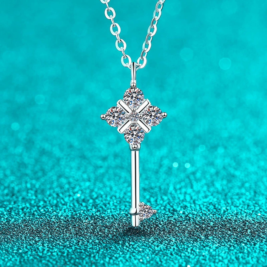 Star Key Moissanite Pendant Necklace in Rhodium-Plated S925 sterling silver blue display scene showing chain and stone layout