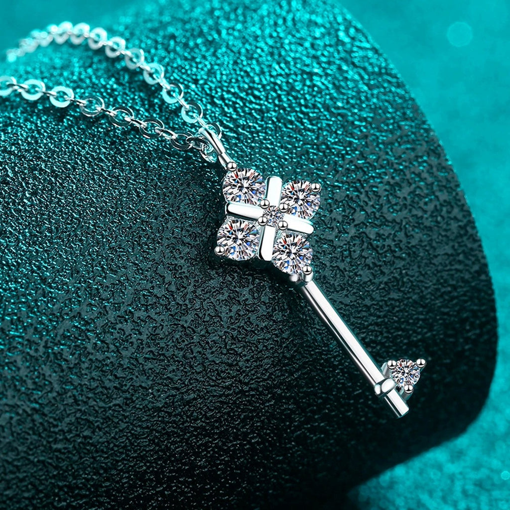 Star Key Moissanite Pendant Necklace in Rhodium-Plated S925 sterling silver angled product detail view