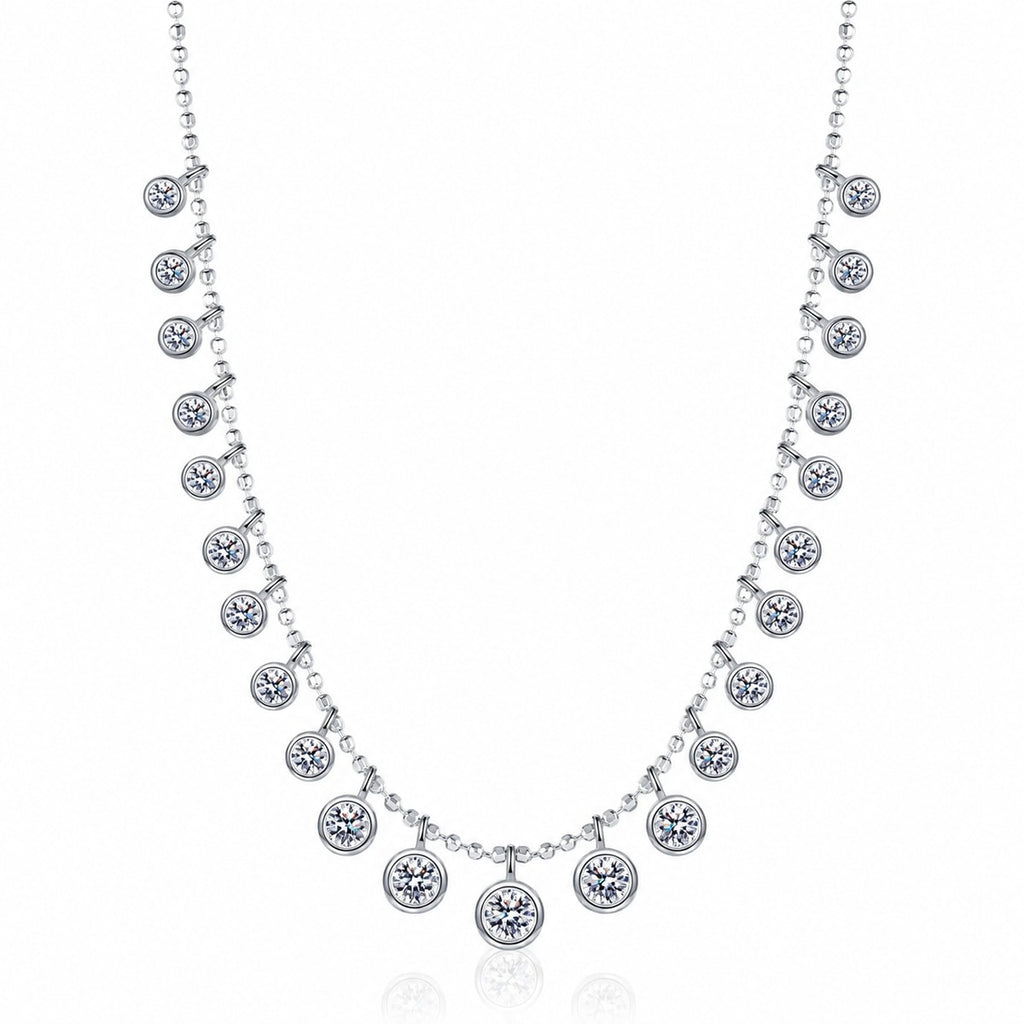 Bead Charm Moissanite Necklace in Rhodium-Plated S925 sterling silver white background product photo showing beaded charm necklace with graduated round moissanite stations