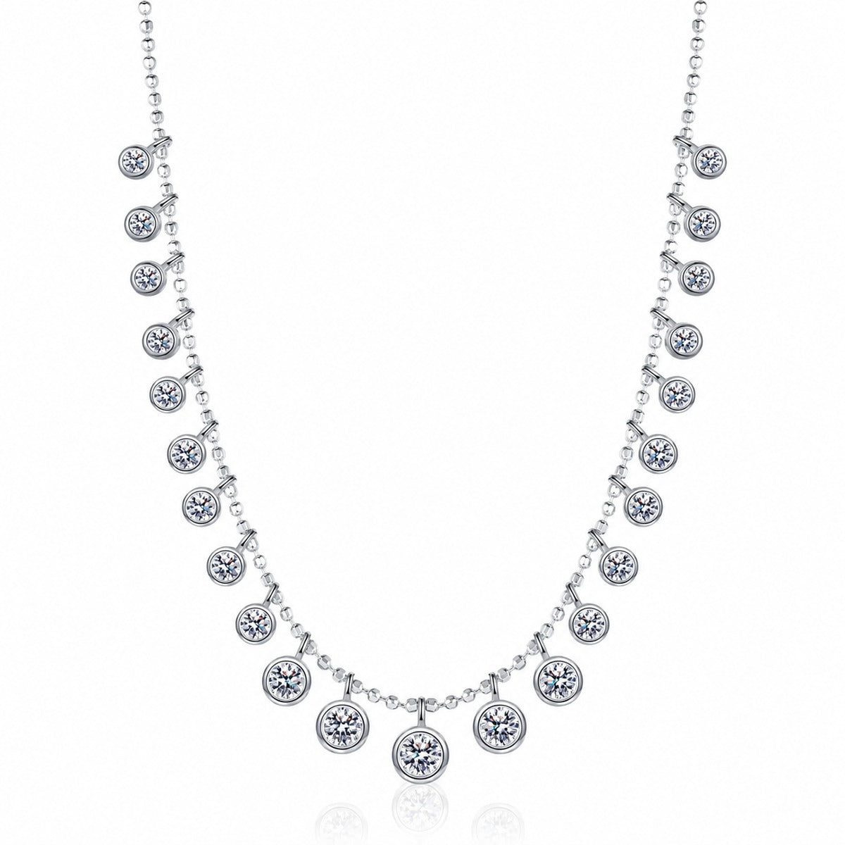 Bead Charm Moissanite Necklace in Rhodium-Plated S925 sterling silver white background product photo showing beaded charm necklace with graduated round moissanite stations