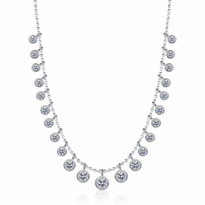 Bead Charm Moissanite Necklace in Rhodium-Plated S925 sterling silver white background product photo showing beaded charm necklace with graduated round moissanite stations