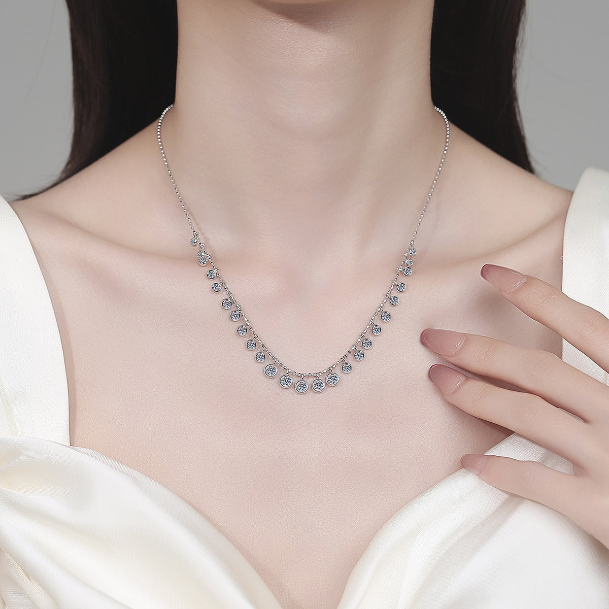 Bead Charm Moissanite Necklace in Rhodium-Plated S925 sterling silver neckline model view showing pendant scale and adjustable chain