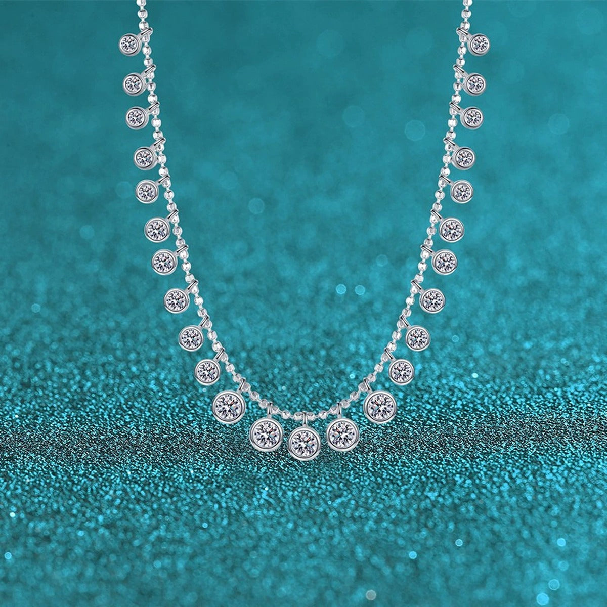 Bead Charm Moissanite Necklace in Rhodium-Plated S925 sterling silver close-up product scene showing pendant setting