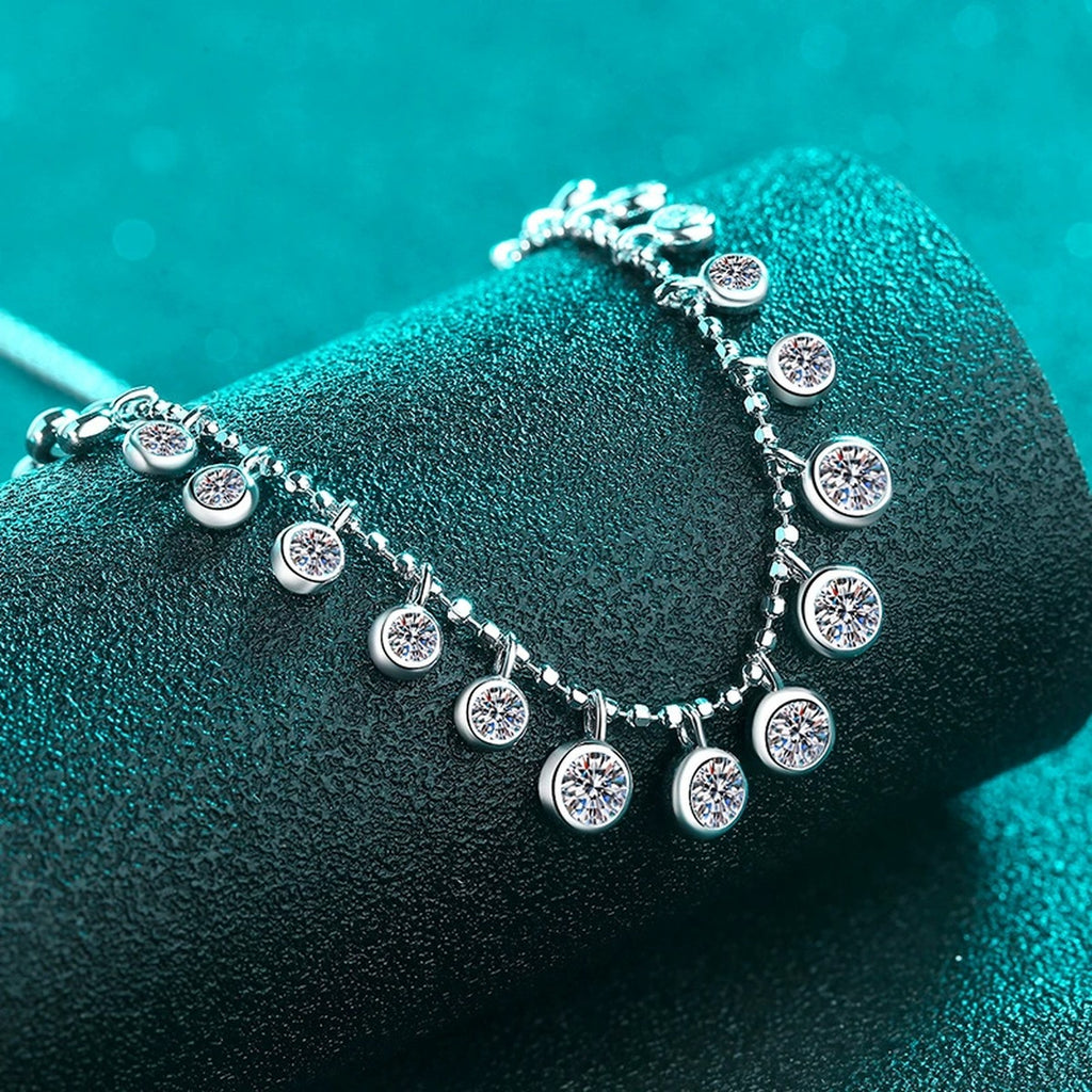Bead Charm Moissanite Necklace in Rhodium-Plated S925 sterling silver blue display scene showing chain and stone layout
