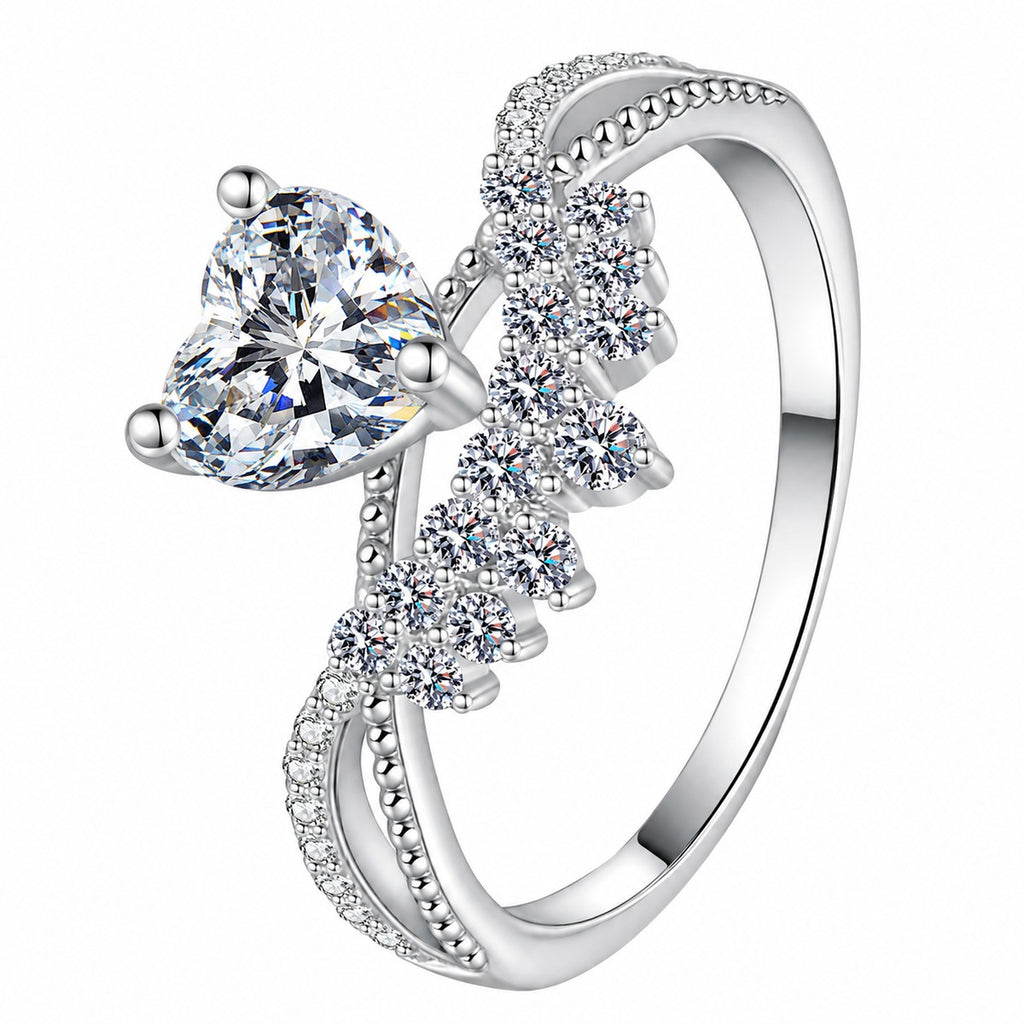 Heart Cut Moissanite Ring with CZ in rhodium-plated S925 sterling silver on clean white background
