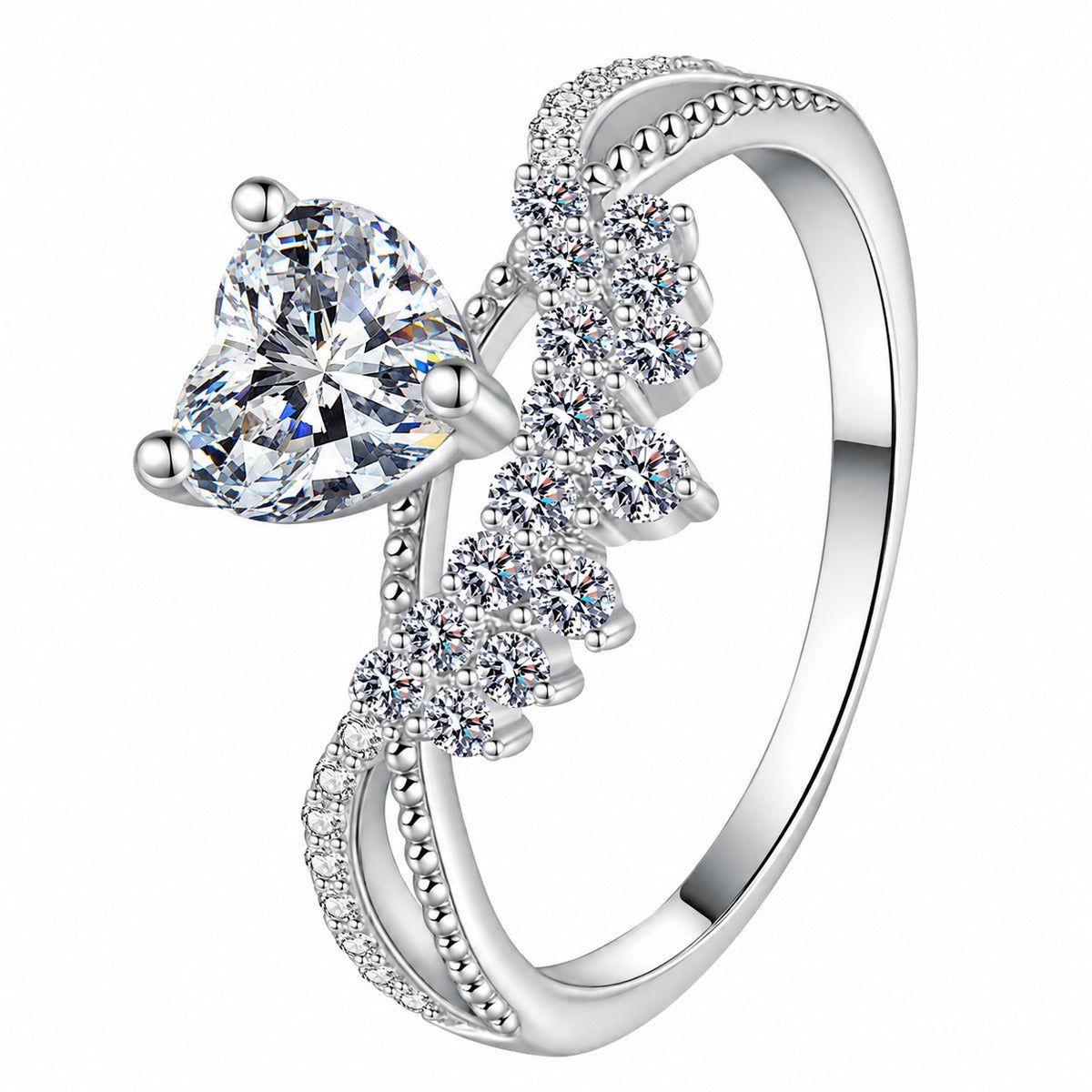 Heart Cut Moissanite Ring with CZ in rhodium-plated S925 sterling silver on clean white background