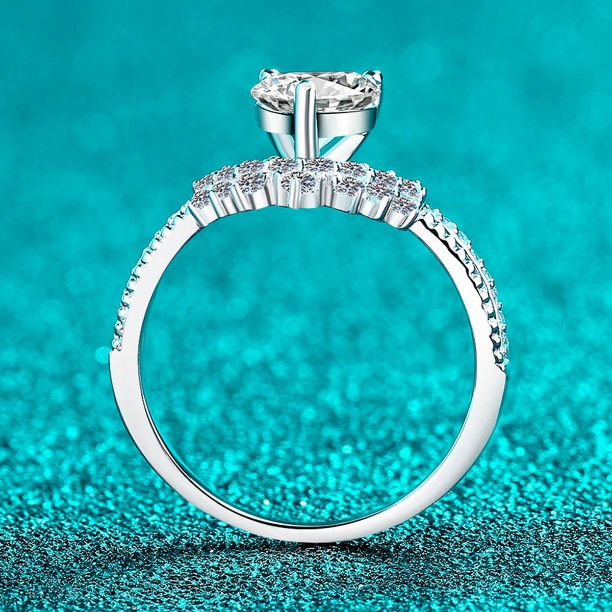 Heart Cut Moissanite Ring with CZ product view showing moissanite setting and metal finish