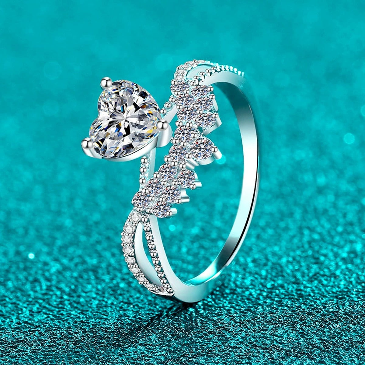 Heart Cut Moissanite Ring with CZ product view showing moissanite setting and metal finish