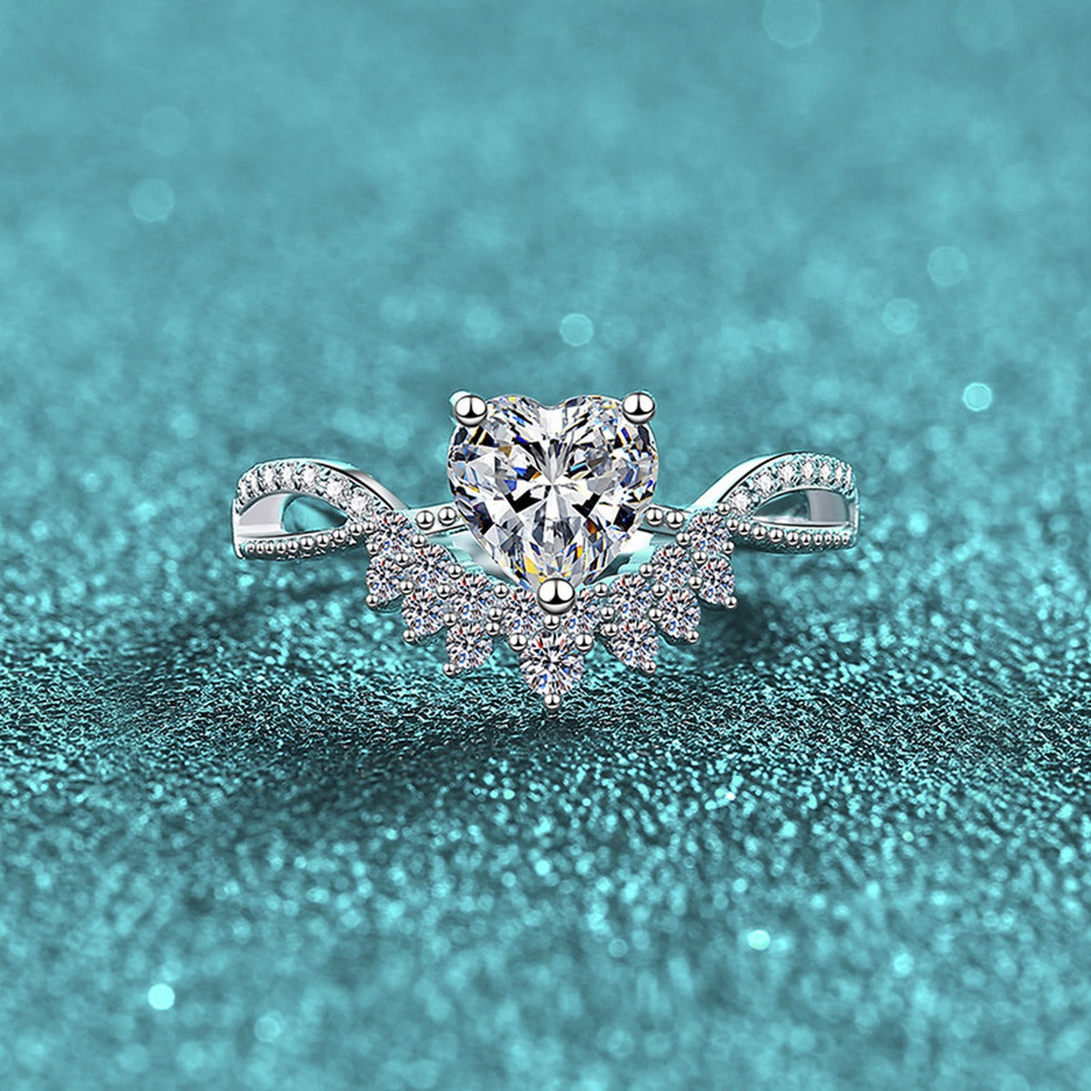 Heart Cut Moissanite Ring with CZ product view showing moissanite setting and metal finish