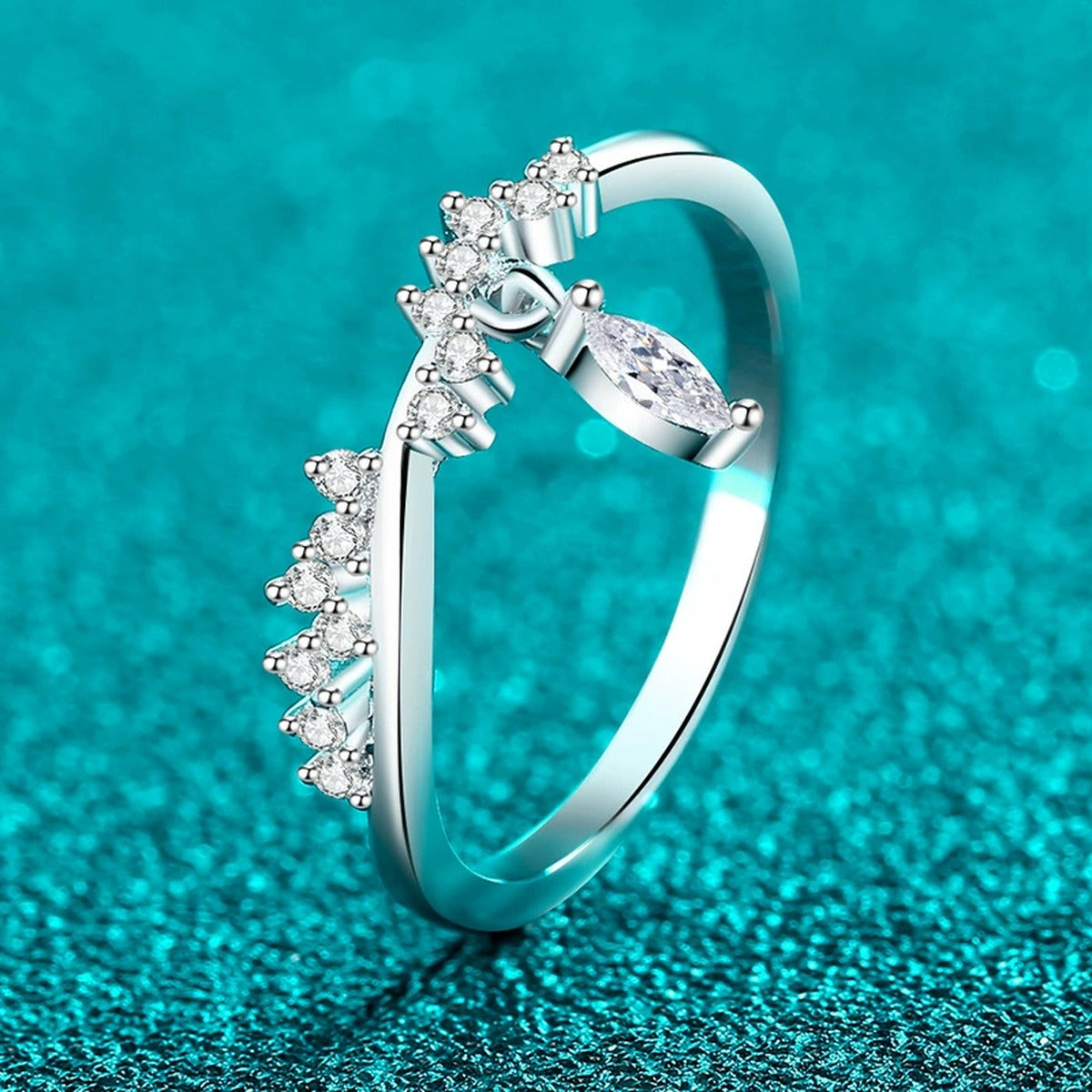 Marquise and Round Moissanite Band Ring product view showing moissanite setting and metal finish