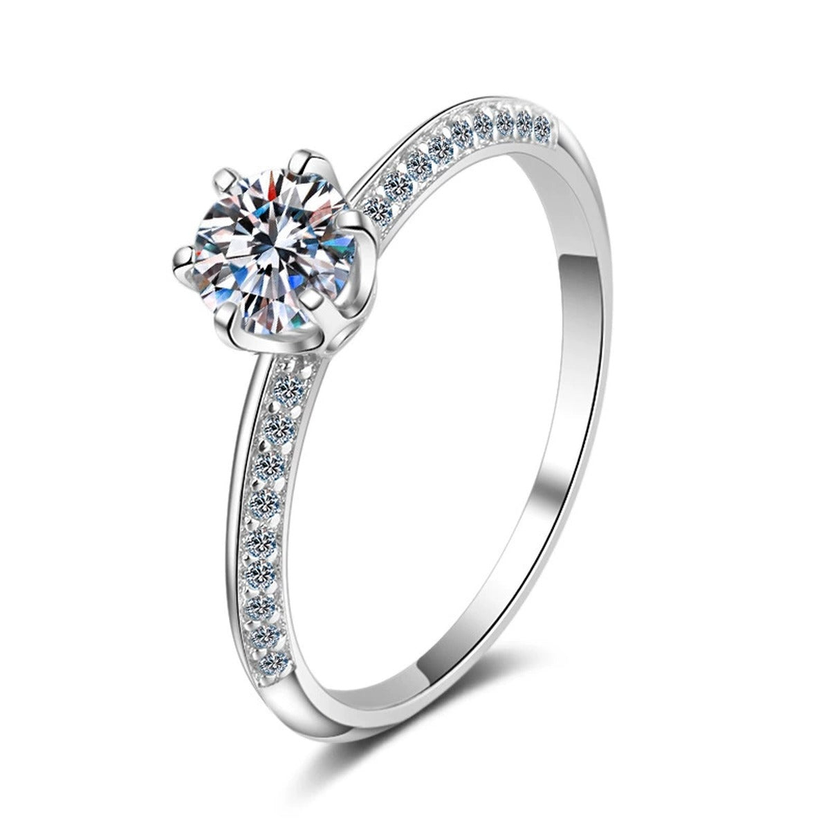 Round Moissanite Side Stone Engagement Ring with CZ in rhodium-plated S925 sterling silver on clean white background