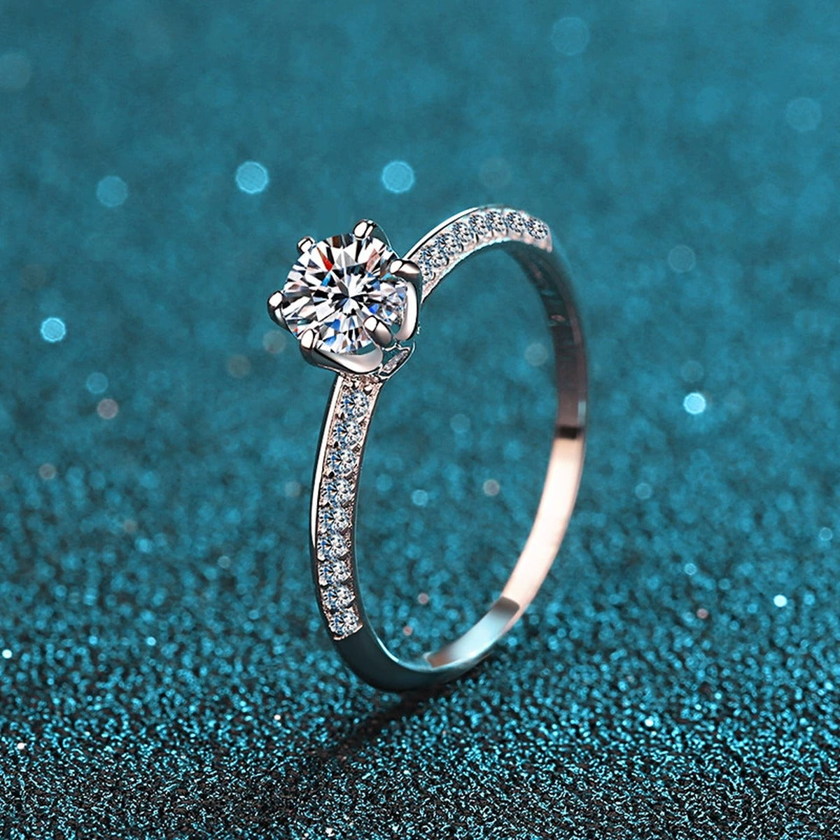Round Moissanite Side Stone Engagement Ring with CZ product view showing moissanite setting and metal finish