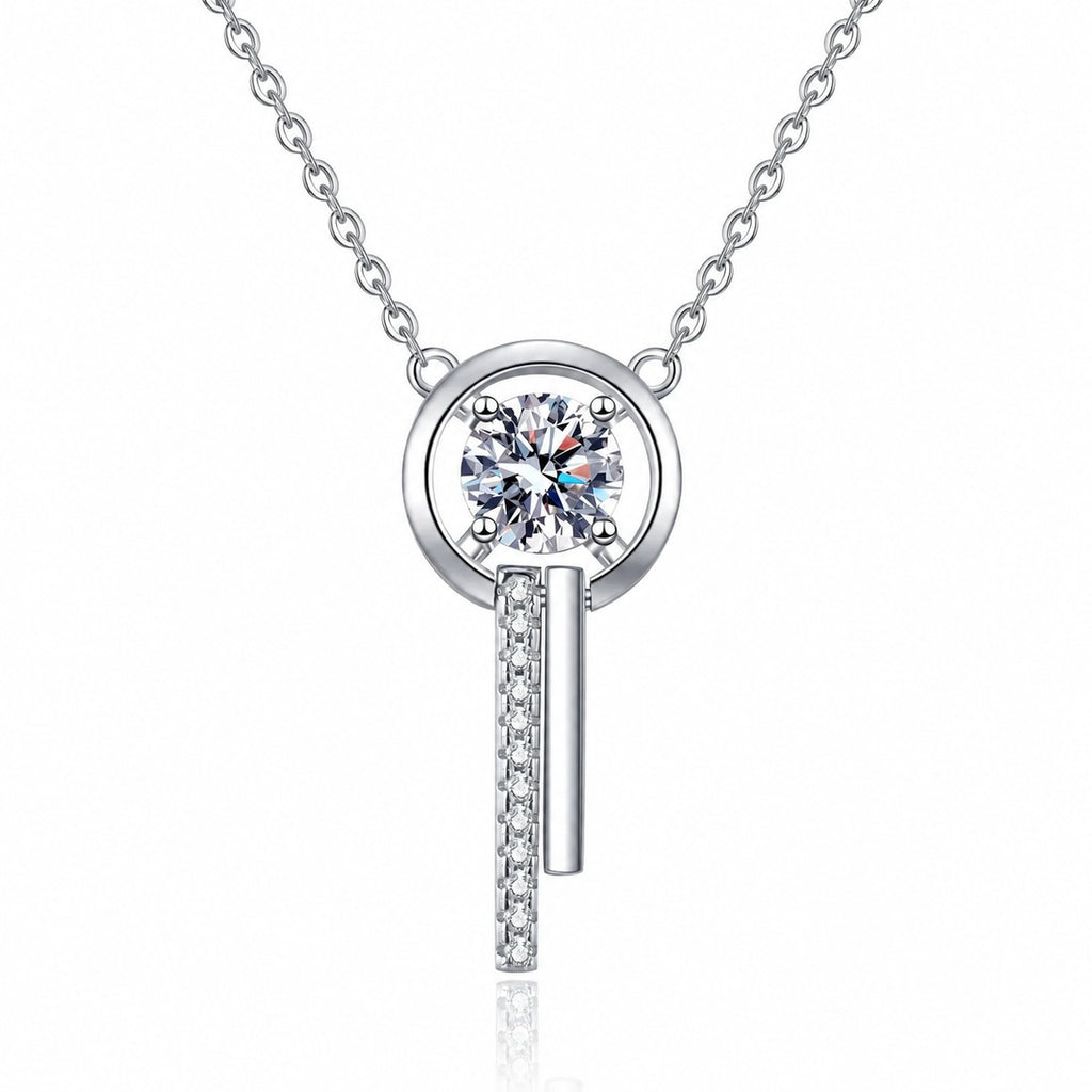 Open Wind Chime Moissanite Pendant Necklace with CZ in Rhodium-Plated S925 sterling silver white background product photo showing open wind chime pendant with a round moissanite center and CZ drop detail