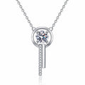 Open Wind Chime Moissanite Pendant Necklace with CZ in Rhodium-Plated S925 sterling silver white background product photo showing open wind chime pendant with a round moissanite center and CZ drop detail