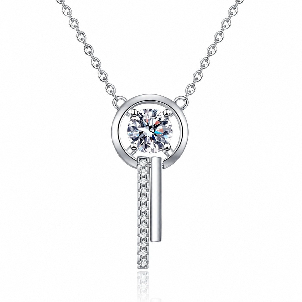 Open Wind Chime Moissanite Pendant Necklace with CZ in Rhodium-Plated S925 sterling silver white background product photo showing open wind chime pendant with a round moissanite center and CZ drop detail