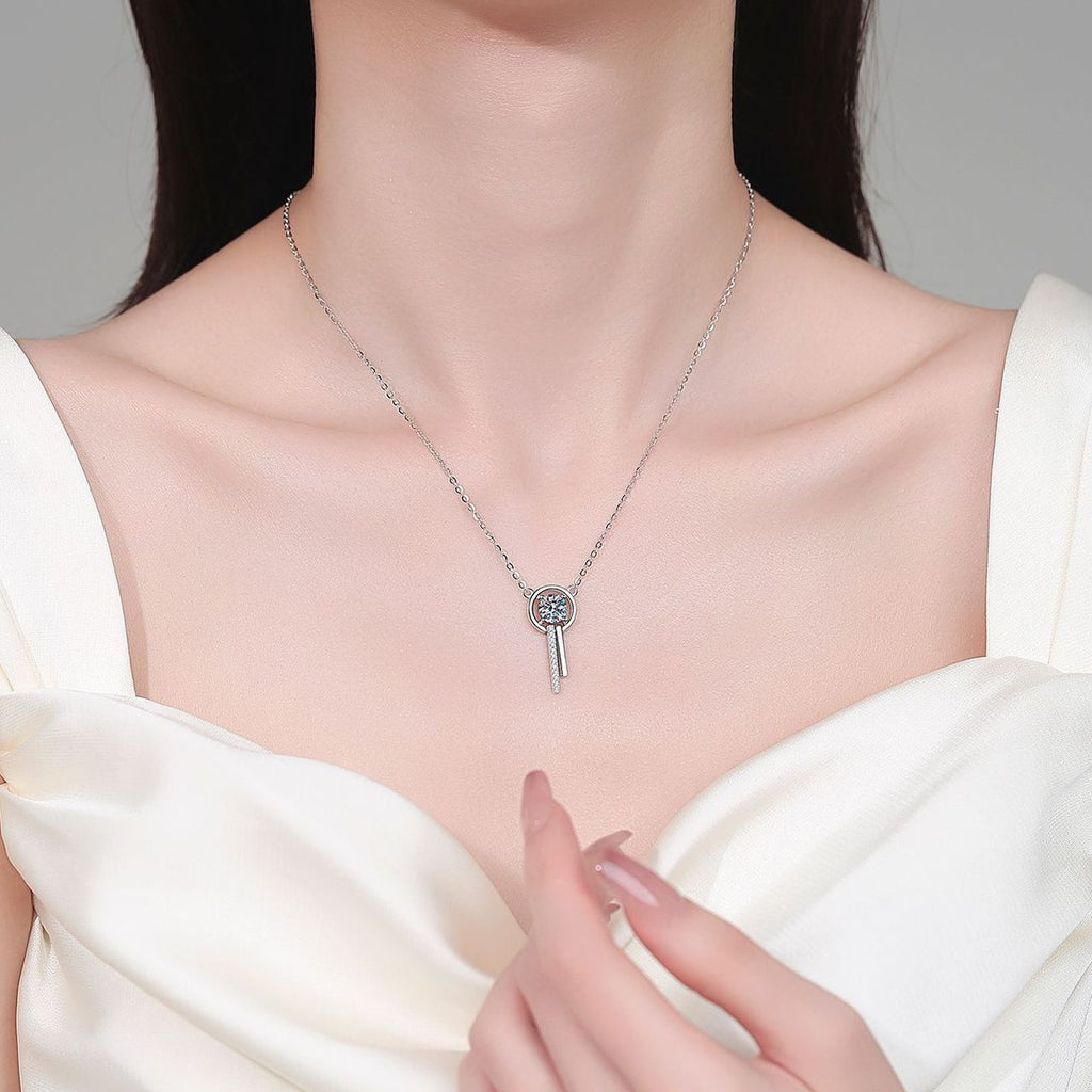 Open Wind Chime Moissanite Pendant Necklace with CZ in Rhodium-Plated S925 sterling silver neckline model view showing pendant scale and adjustable chain