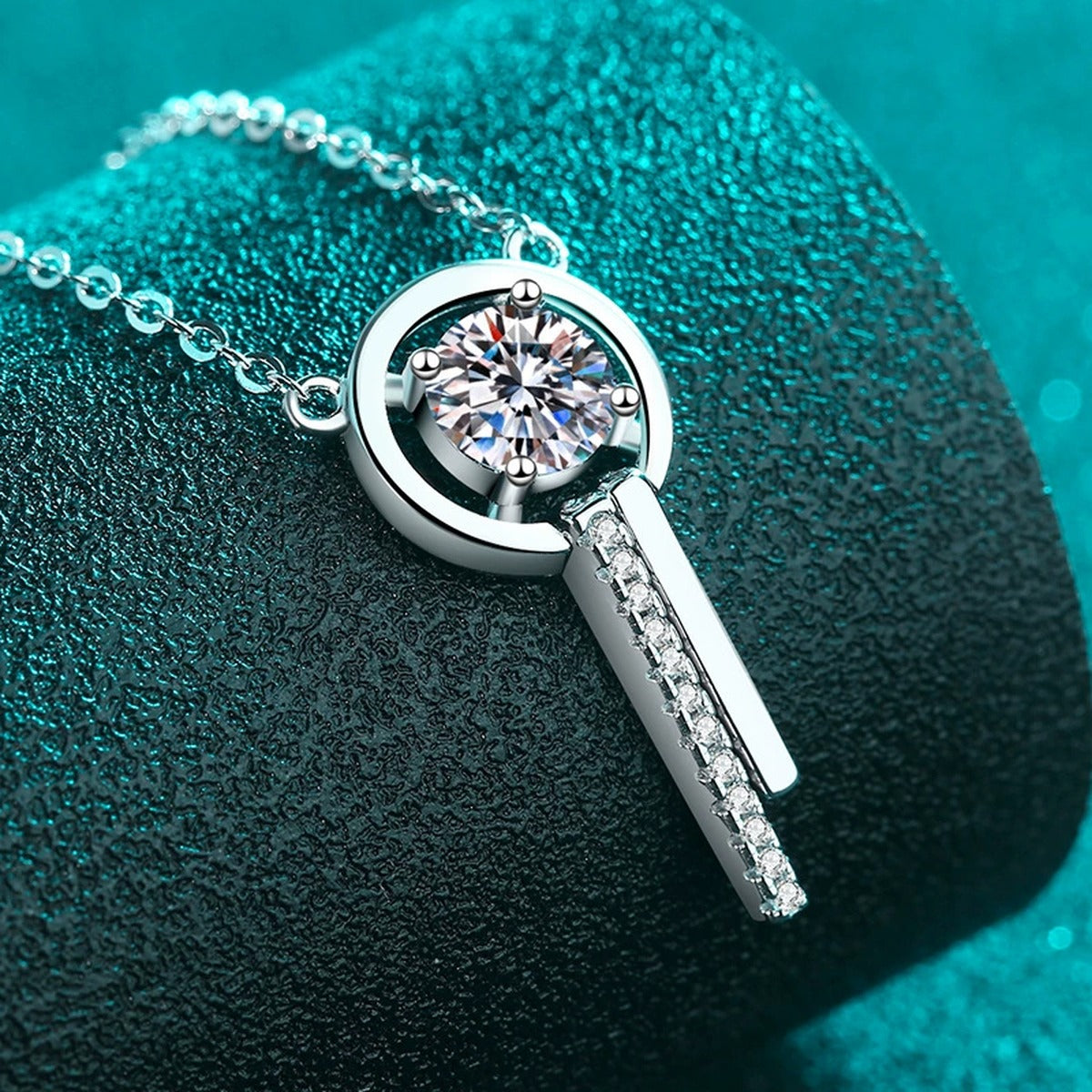 Open Wind Chime Moissanite Pendant Necklace with CZ in Rhodium-Plated S925 sterling silver close-up product scene showing pendant setting