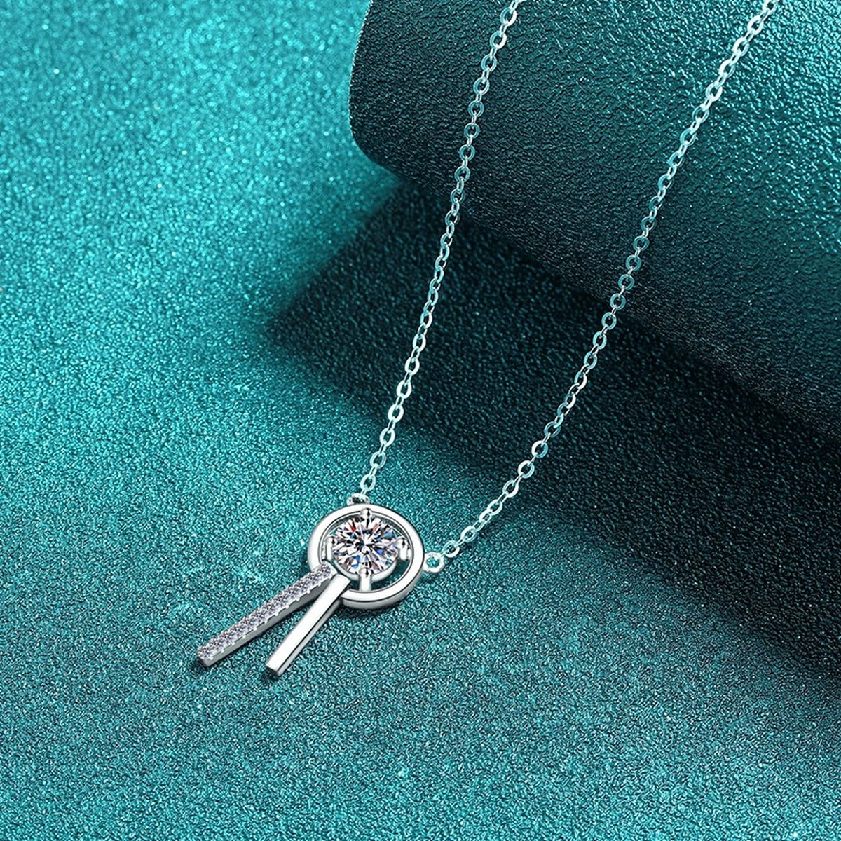 Open Wind Chime Moissanite Pendant Necklace with CZ in Rhodium-Plated S925 sterling silver blue display scene showing chain and stone layout