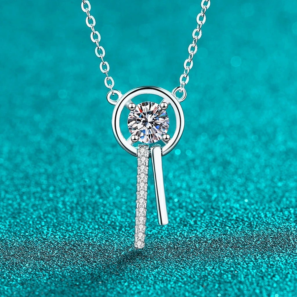 Open Wind Chime Moissanite Pendant Necklace with CZ in Rhodium-Plated S925 sterling silver angled product detail view