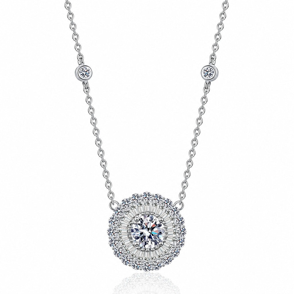 Round Disc Halo Moissanite Pendant Necklace with CZ in Rhodium-Plated S925 sterling silver white background product photo showing round disc halo pendant with a moissanite center and CZ border